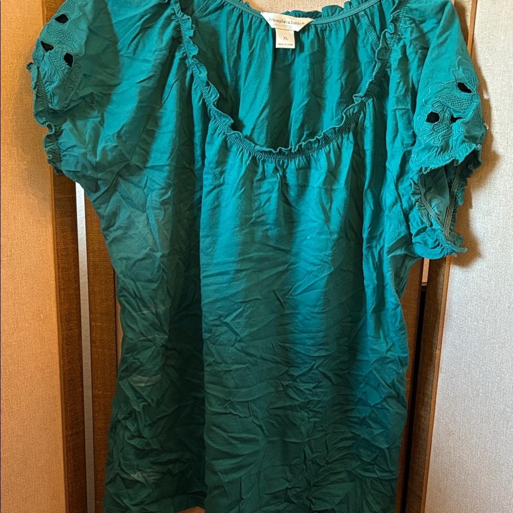Christopher & Banks Teal Blouse with Eyelet Sleeves XL